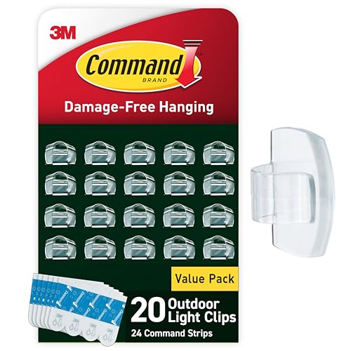 Command Outdoor Light Clips, Clear, 20 Clips, 24 Weather Resistant Strips | Damage-Free Hanging Light Clips with Adhesive Strips, No Tools Mini Wall Hooks for Hanging Decorations in Living Spaces