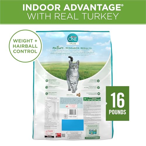 Purina ONE Indoor Advantage Weight Control Dry Cat Food, 16 lb Bag | Made with real turkey and 10% less fat, plus antioxidants and fiber to help minimize hairballs and aid in weight control