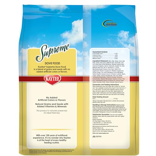 Kaytee Supreme Dove Food, Dove Bird Seed, 5 Pounds | Balanced daily nutrition. Whole-grain birdseed with seeds, grains and pellets. Bird food, no artificial colors or flavors