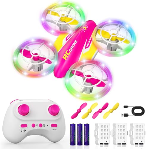 FUNPX Girls LED RC Drone, Christmas Birthday Gift for Girls Aged 6+ with Remote Batteries, 360° Flips, 3 Speed Modes, 45 Min Flight Indoor and Outdoor Flying Toy - Rose Red Yellow