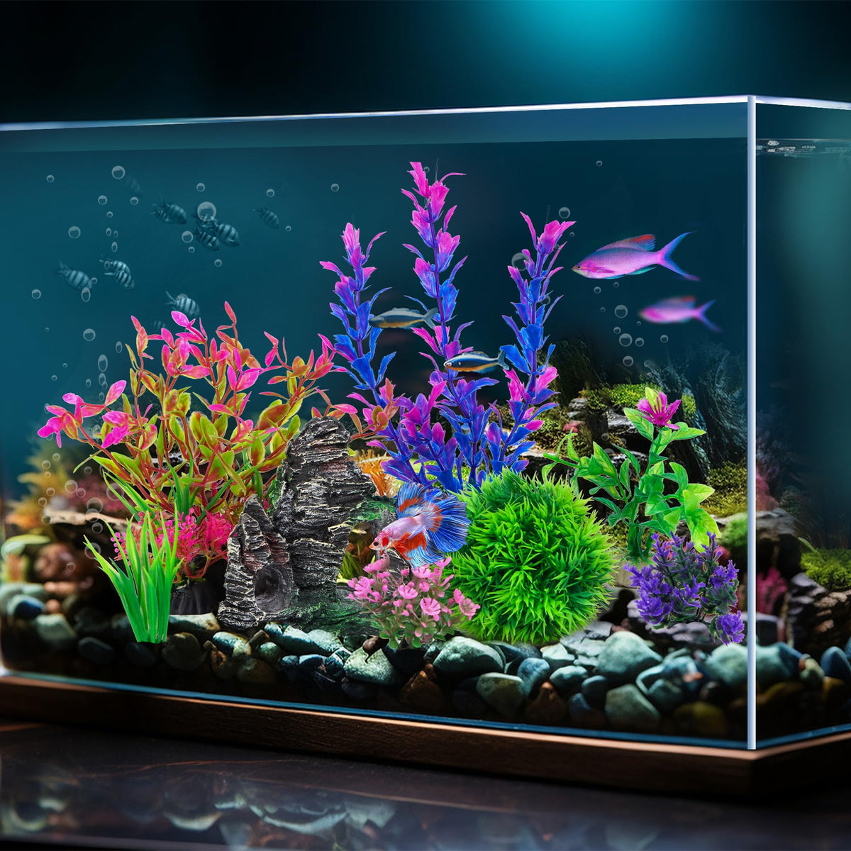 Ameliade Aquarium Artificial Plants & Rock Cave Betta Fish Tank Decor Set | Betta Goldfish Aquarium Accessories, Soft Plastic Plants & Rock Cave Decorations, Small and Large Fish Bowl Ornaments