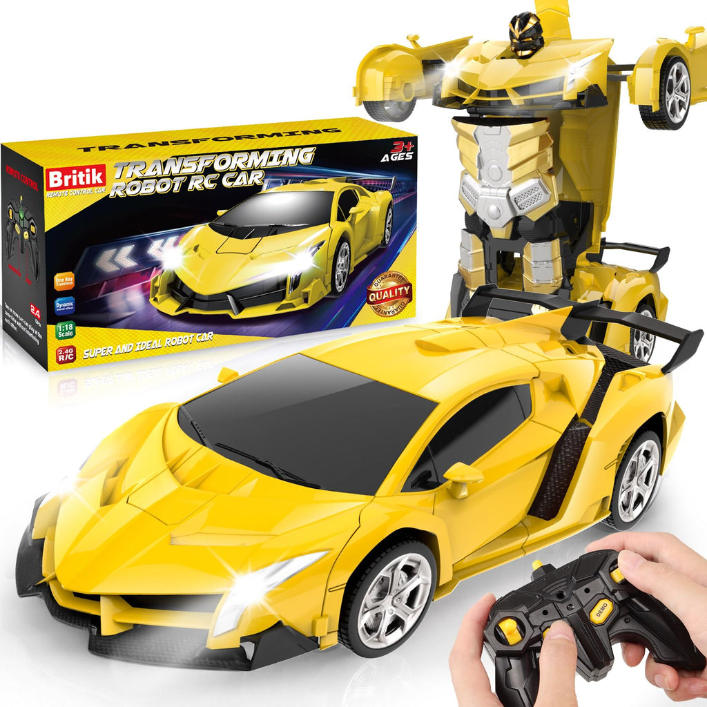 Britik Transform Remote Control Car Toys for Boys 4-6, Drift RC Car Yellow | Transform Cars, Gift for Boy Ages 4-12 Years Old, One-Button Transforming, 360° Rotation, 2.4GHZ 1:18 Scale, Robot Toy Car