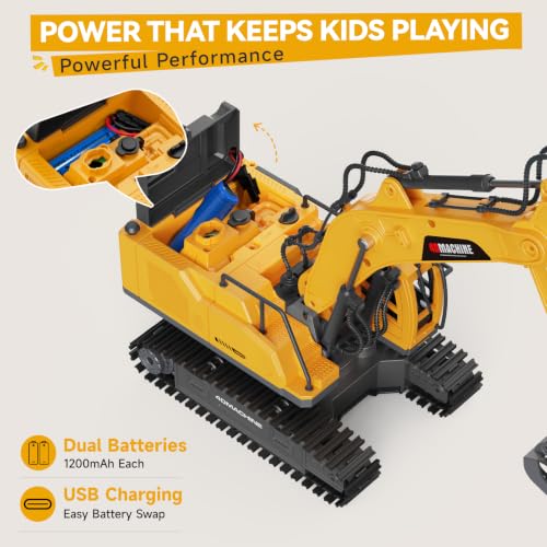 Noizka Remote Control Excavator Toy for Boys, 3-in-1 RC Excavator with Alloy Bucket, Breaker & Grapple, Construction Vehicle Toys with Lights & Sounds, 2×1200mAh Batteries, Birthday Gift for Kids 8-12