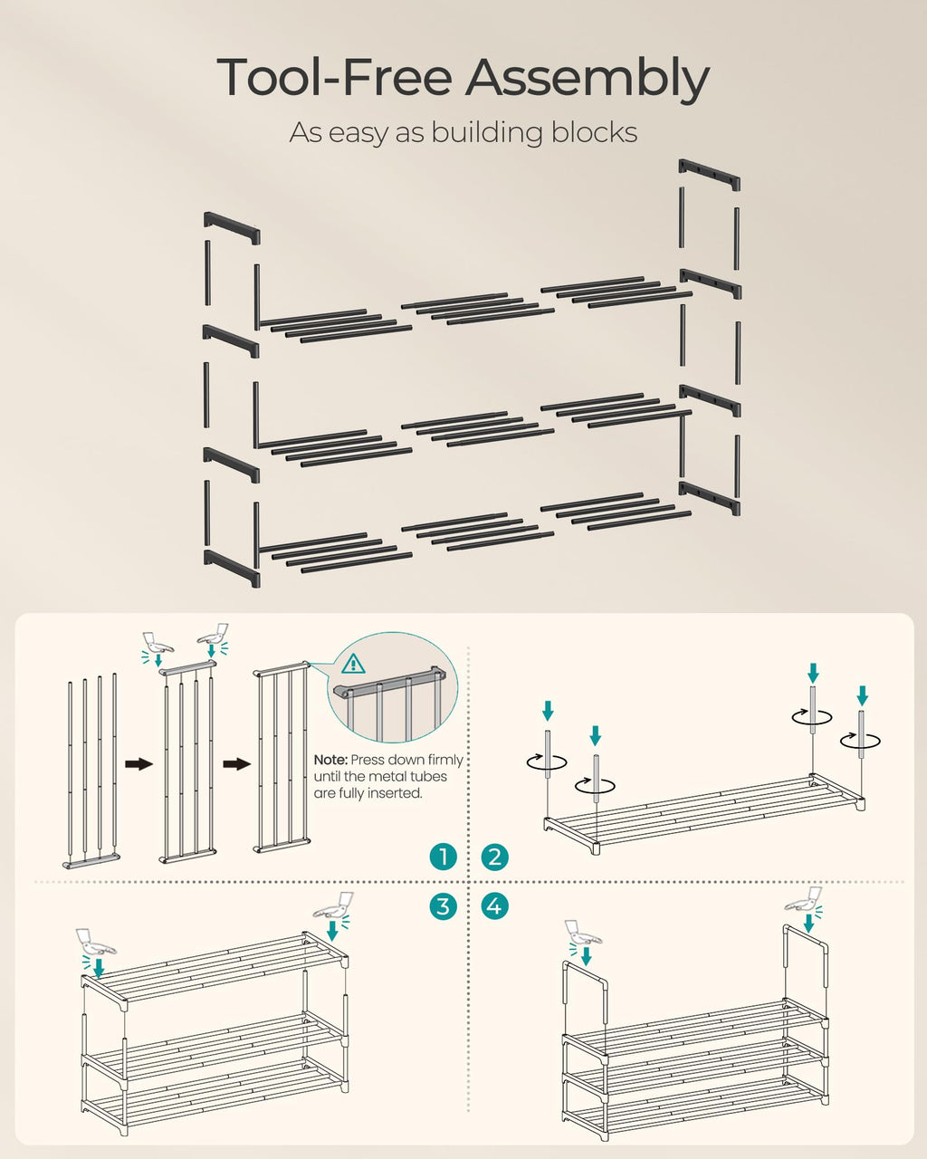 SONGMICS Shoe Rack, 3-Tier Shoe Organizer, Metal Storage Shelf | for Entryway, Upright or Upside Down, for 16-20 Pairs, Stackable, 11.8 x 36.2 x 21.7 Inches, Black ULSA303B02