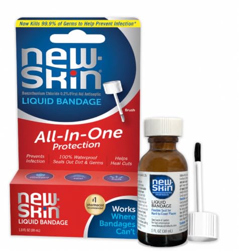 New-Skin Antiseptic Waterproof Liquid Bandage, Cuts & Blisters, 1 oz | Antiseptic waterproof liquid bandage dries quickly, clear and protects cuts, blisters, hangnails, calluses and cracked skin.