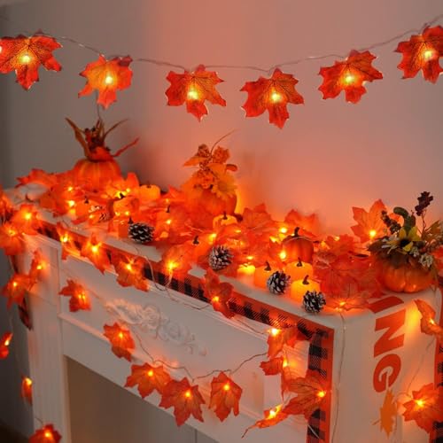 YEGUO 2 Packs Fall Lights Battery Operated, Total 20ft 40 LED Lighted Fall Garland Maple Leaves for Holiday Autumn Harvest Fall Thanksgiving Halloween Decor