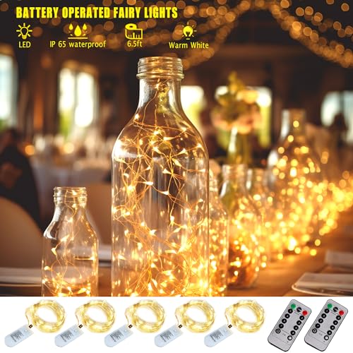 6 Pack Fairy Lights Battery Operated With Timer,2 Remotes,20 LED Warm White | 6.5ft Twinkle Lights,Waterproof Silver Wire Firefly Lights DIY Mason Jar Wedding Party Christmas Centerpiece Table Deco