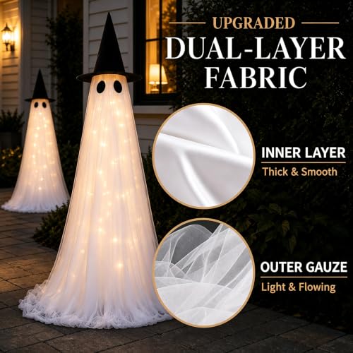 2 Pack 5 Ft Large Light Up Ghost Decor - Halloween Decorations Outdoor | Double-layered fabric, water bags and stakes, 8 light modes with timer, battery or USB power for porch and lawn