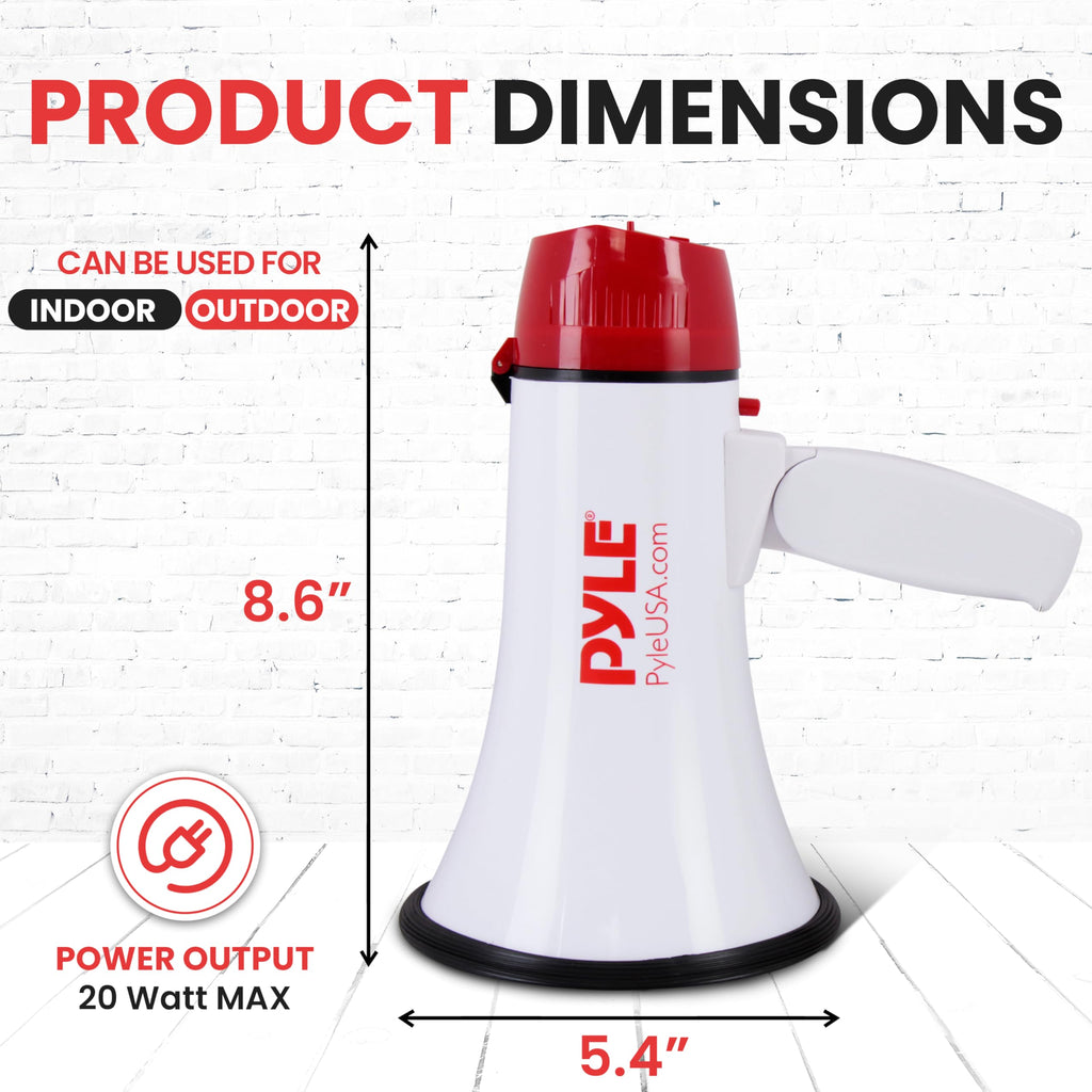 Pyle 20W Megaphone Bullhorn - 5.4'' x 8.6'' Portable Megaphone, Projection Range 1000 Sq. Yards, Voice Talking & Siren Alert, Shoulder Strap, Battery Operated, (White)