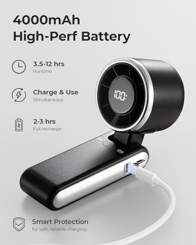 Bearwind Portable Handheld Turbo Fan - 5 Gear High Speed 4000mAh Rechargeable Mini Personal Hand Fan Blow Cold Air, Battery Operated Travel Essentials, Beach Vacation, Gifts for Women, Men (Black)