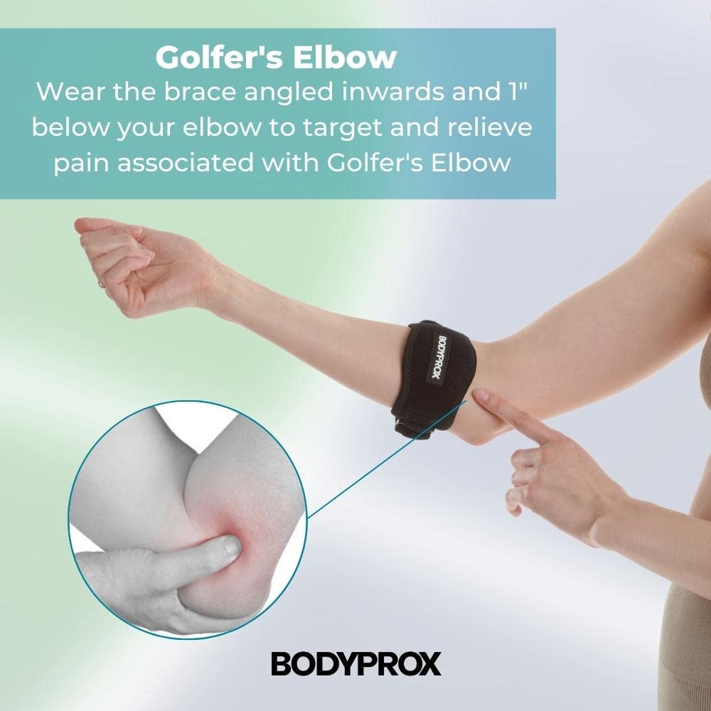 Bodyprox Elbow Brace 2 Pack for Tennis & Golfer's Elbow Pain Relief | Adjustable compression strap helps ease forearm stress from sports, workouts, work, and daily tasks.