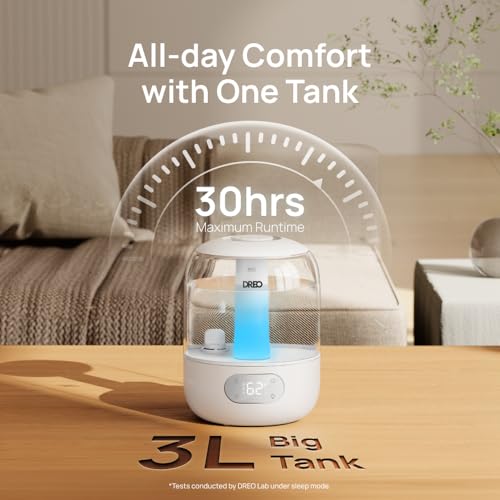 DREO 3L Humidifiers for Bedroom, 30H Runtime, 26 dB Quiet, New Edition | Easy to Refill & Clean, Precise Humidity Control, Night light, Cool Mist Air Humidifier for Large Room, Baby Nursery