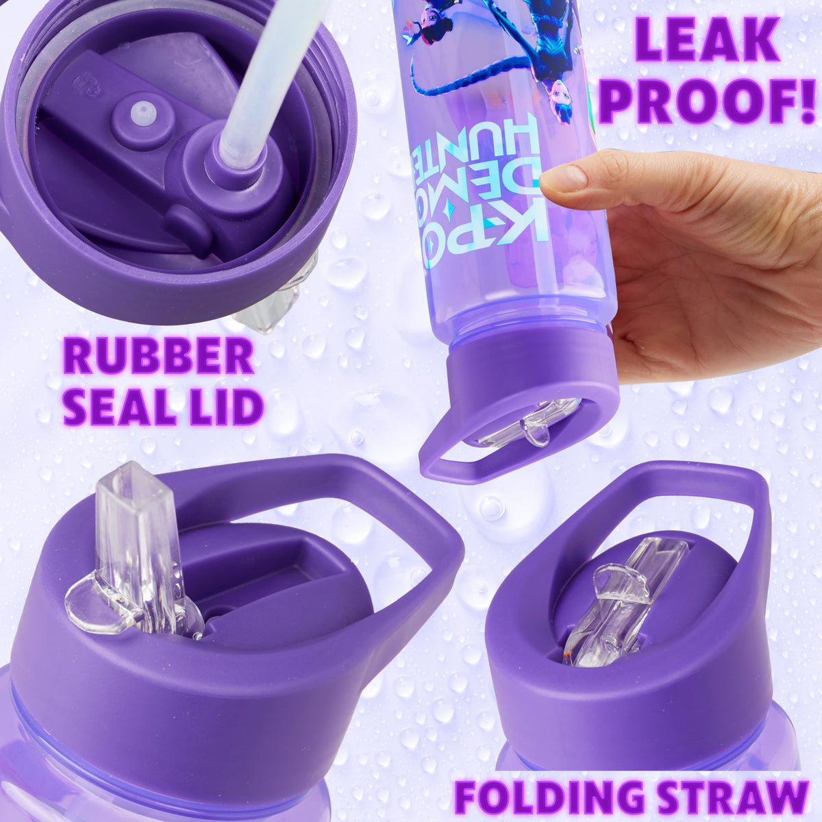KPop Demon Hunters Get Trend 25oz Water Bottle with Straw for Kids, Purple | Leak-Proof Lid Tumbler, Reusable Plastic Water Bottle with Handle for School, Home, Travel, BPA-Free, Huntrix Gifts for Girls