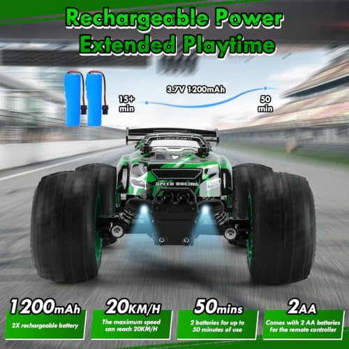 BIFYTON Remote Control Car, All-Terrain Rechargeable Rc Truck Boy Toys | Remote Control Truck with LED Light, 20KM/H, Sturdy PVC Shell, 2-Batteries, Toys for Boys 4-7 8-12 Beginner, Birthday Green