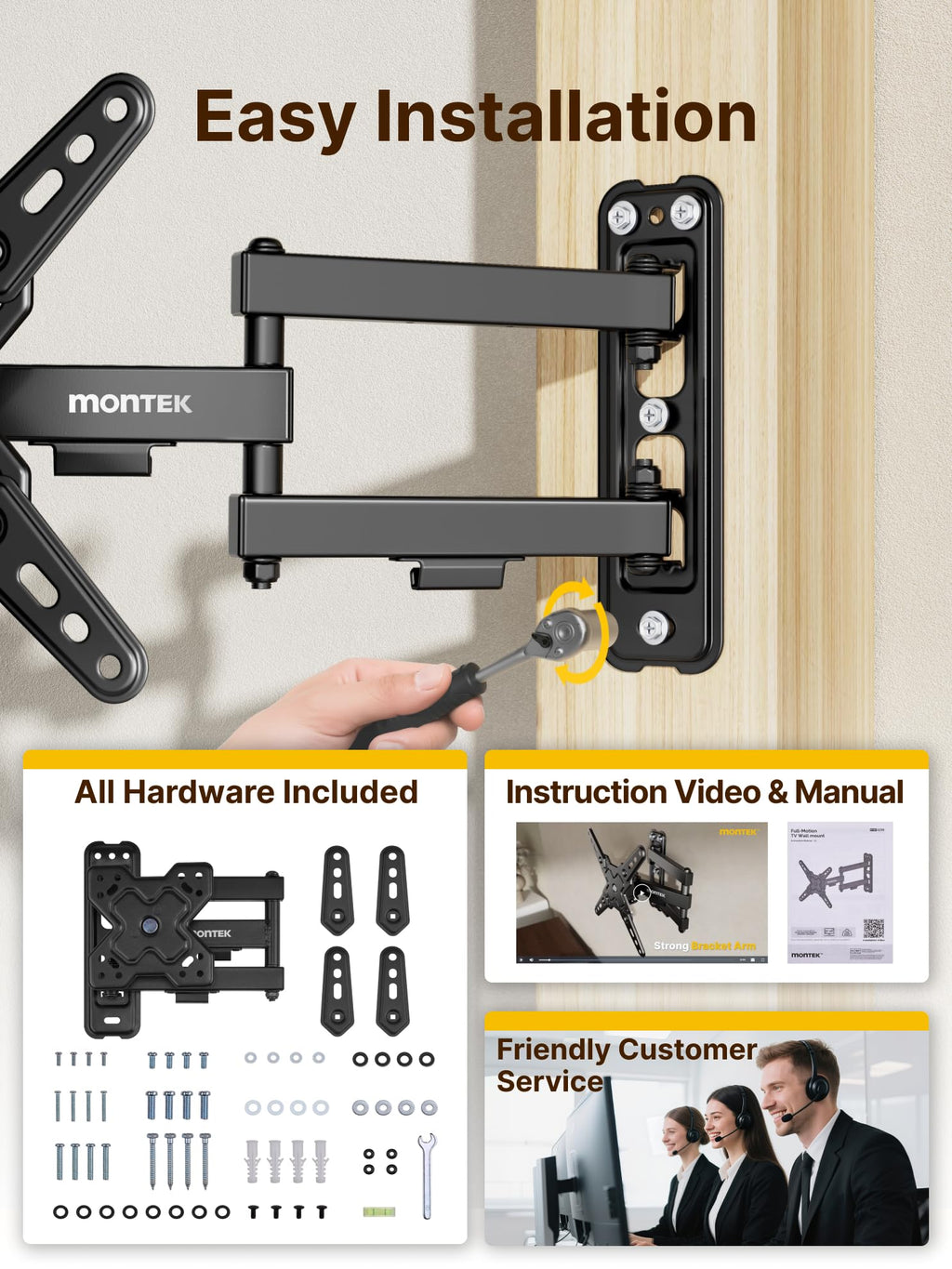 monTEK Full Motion Small TV Wall Mount for 13-43 Inch TVs up to 44 lb | ±90° Swivel, +5°/-15° Tilt, Landscape/Portrait Rotation, Extends 14.6 in, 4X Load Tested, VESA 200x200 mm, Single-Stud Mount