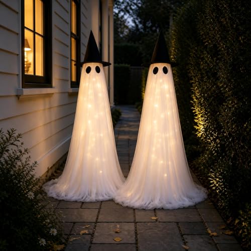 2 Pack 5 Ft Large Light Up Ghost Decor - Halloween Decorations Outdoor | Double-layered fabric, water bags and stakes, 8 light modes with timer, battery or USB power for porch and lawn
