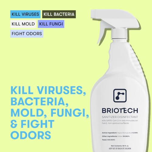 BRIOTECH Sanitizer Disinfectant, Hypochlorous Acid, 32 oz | Kills 99.99% of viruses, bacteria, control mold, eliminates odor, gentle for nursery, play rooms, food contact surfaces