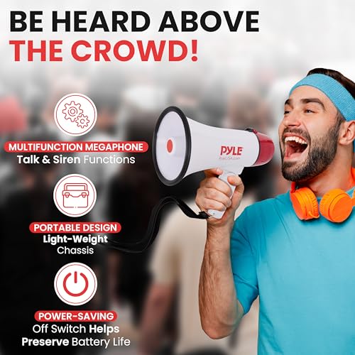 Pyle 20W Megaphone Bullhorn - 5.4'' x 8.6'' Portable Megaphone, Projection Range 1000 Sq. Yards, Voice Talking & Siren Alert, Shoulder Strap, Battery Operated, (White)