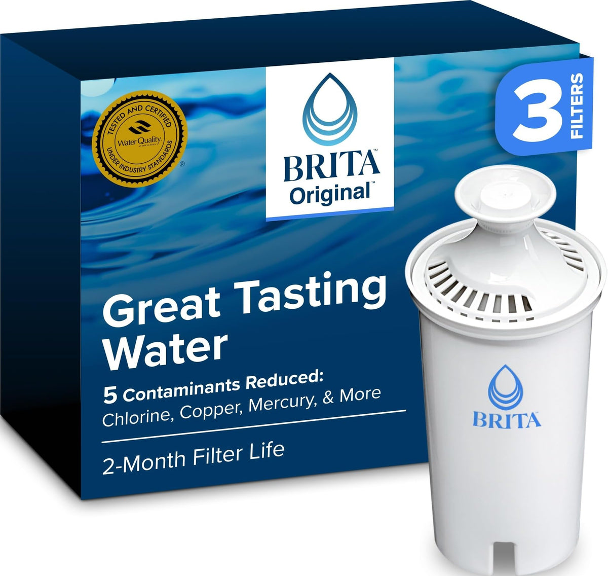 Brita Original Replacement Water Filter, Pitchers and Dispensers, 3 Pack | WQA and NSF/ANSI Certified, Reduces Chlorine, Copper, Mercury & Cadmium, Lasts 2 Months, Household Essential