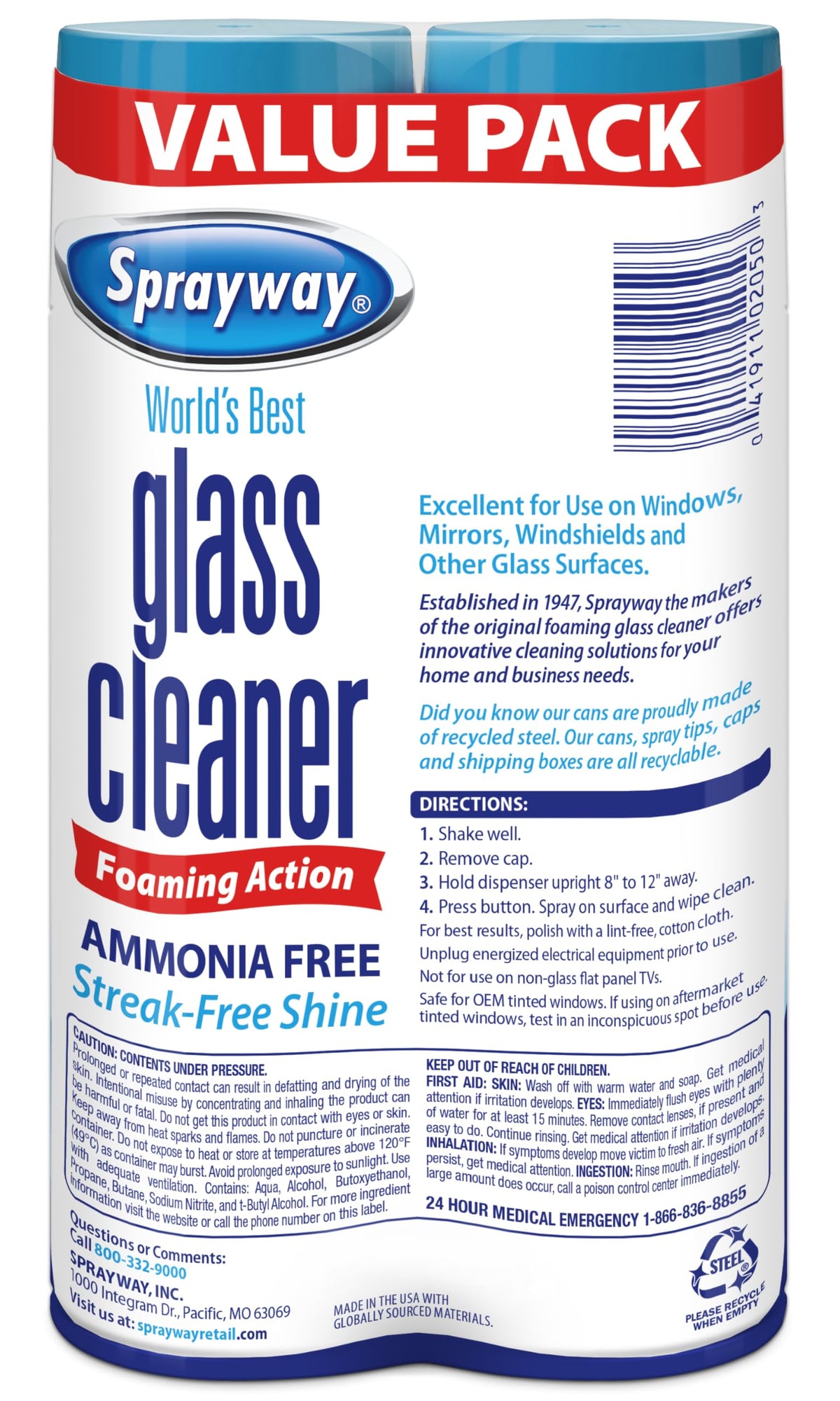 Sprayway Glass Cleaner Foaming Aerosol Spray, 19oz, Pack of 2 | Ammonia-Free, Streakless, Fast-Acting | Cleans & Polishes Glass Surfaces | Fresh Scent, Removes Fingerprints, Dust, Dirt, Smoke Film