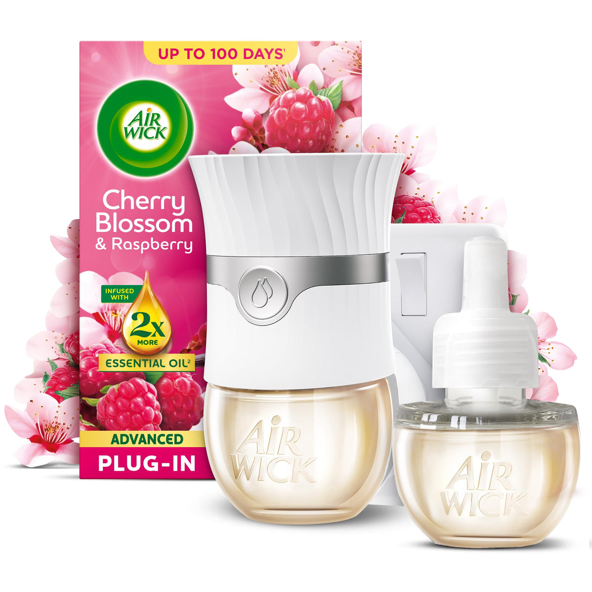 Air Wick Cherry Blossom & Raspberry Air Freshener Plug-in Kit, 19ml | Air Freshener Plug-In Kit infused with essential oils; Smart Pulse Technology; up to 120 days of fragrance