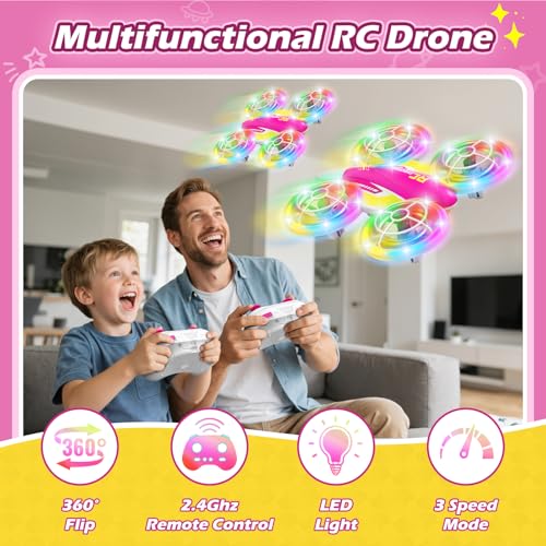 FUNPX Girls LED RC Drone, Christmas Birthday Gift for Girls Aged 6+ with Remote Batteries, 360° Flips, 3 Speed Modes, 45 Min Flight Indoor and Outdoor Flying Toy - Rose Red Yellow