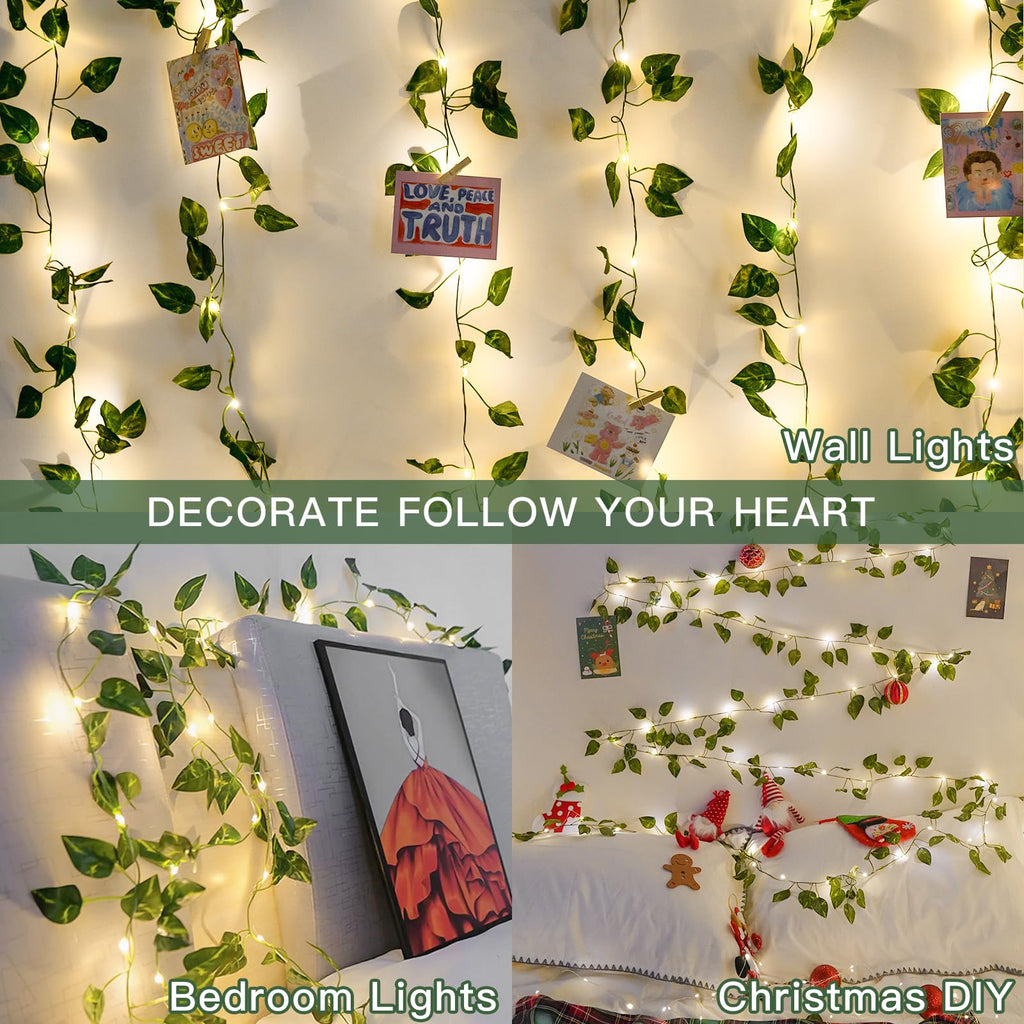 suddus 33FT 100LED Pothos Vine Fairy Lights Battery Operated Copper Wire | String Lights with Remote,Leaf Lights for Bedroom,Dorm,Wedding,Party, Garden,Wedding,Classroom Decor (Warm White)