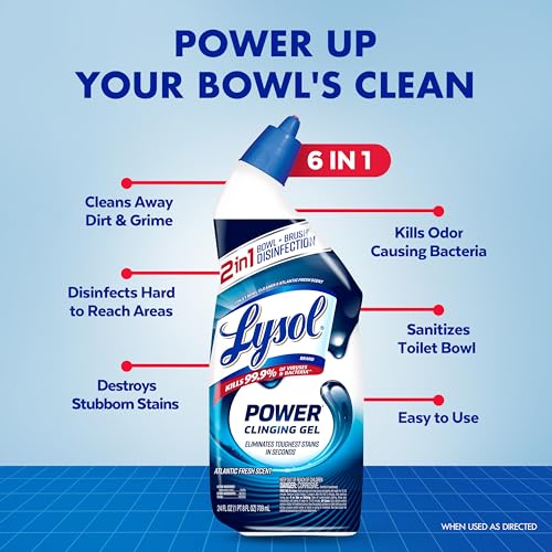 Lysol Toilet Bowl Cleaner Clinging Gel, Power, 24 oz, 2 Pack | Disinfecting, Sanitizing, Deodorizing, Septic Safe, Bleach Free, For Toilet Rings, Limescale, & Hard Water, Bathroom Cleaner