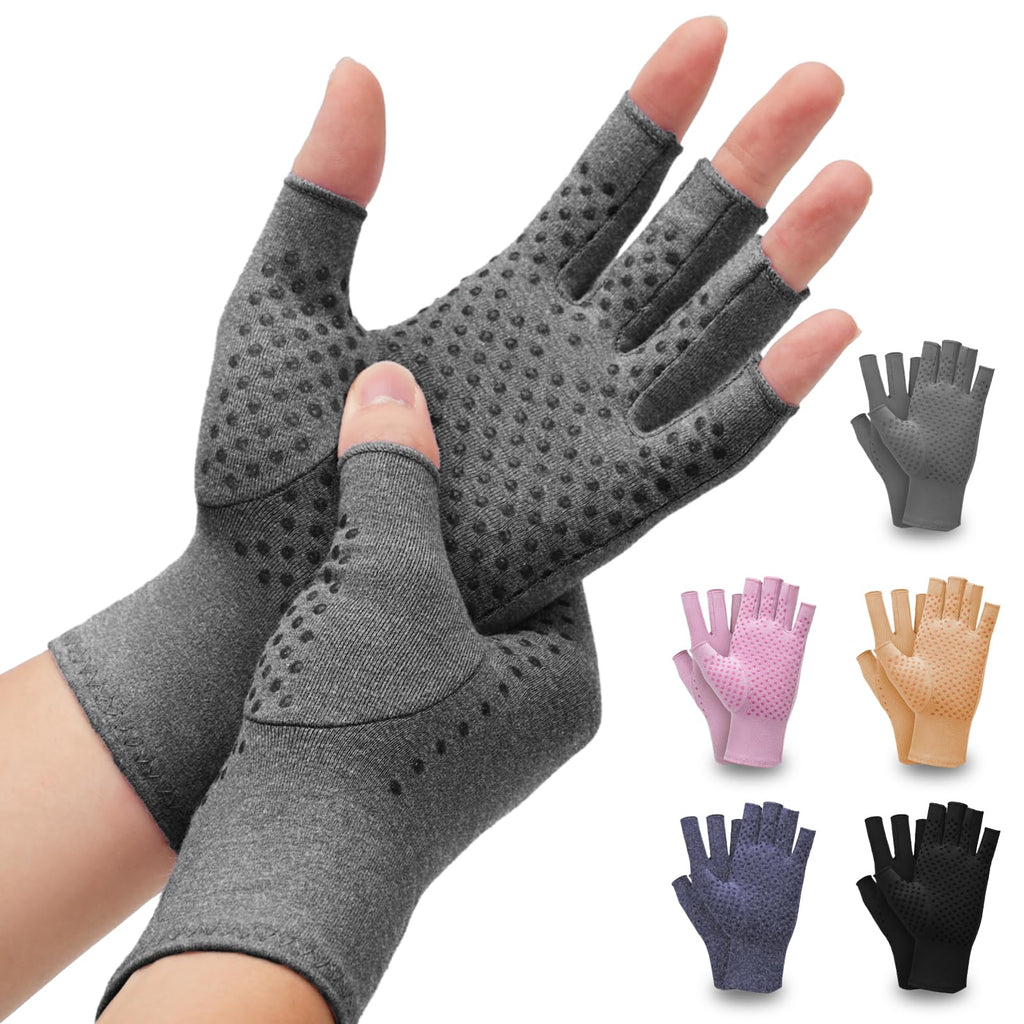 DRNAIETY 2-Pair Arthritis Compression Gloves for Hand Arthritis, Fingerless | for Carpal Tunnel Pain, RSI, Rheumatoid Arthritis | Anti-Slip, Breathable Gloves for Men & Women, Typing, Daily Use (M, Gray)