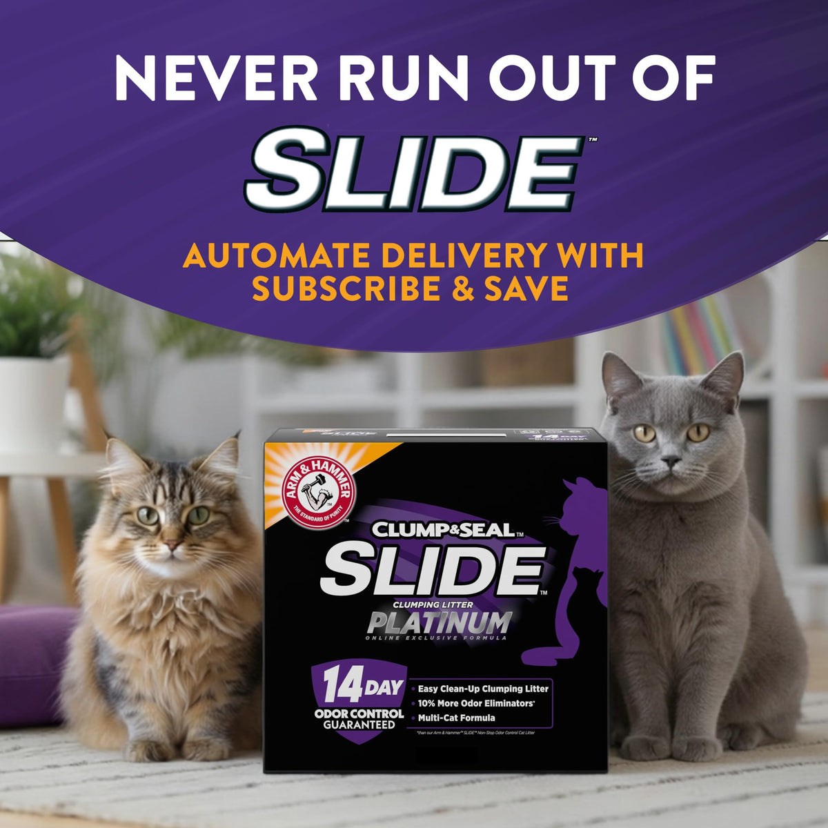 ARM & HAMMER Slide Platinum Easy Clean-Up Clumping Cat Litter, 27.5 Lbs | 24/7 Odor Control, Triple-Action Freshness, Non-Stick, Low Tracking, Multi-Cat Formula, Scented