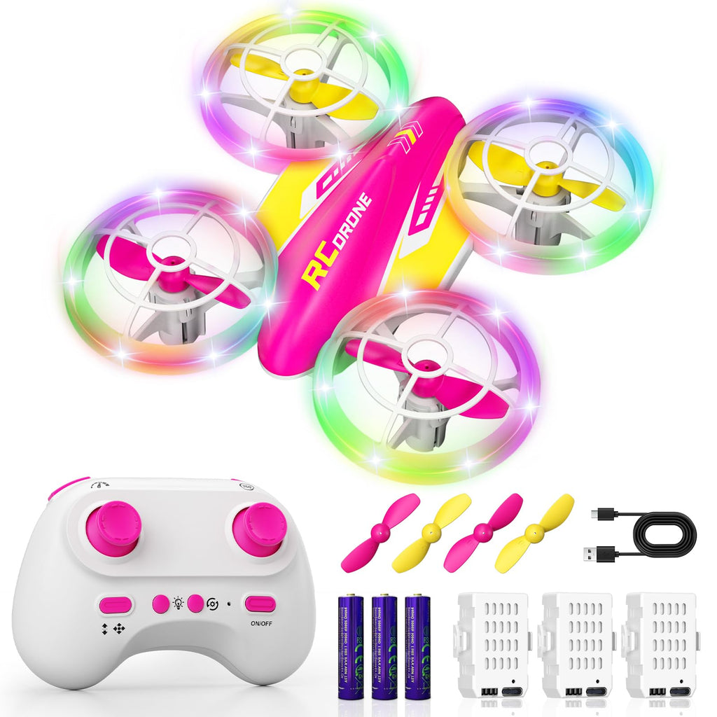 FUNPX Girls LED RC Drone, Christmas Birthday Gift for Girls Aged 6+ with Remote Batteries, 360° Flips, 3 Speed Modes, 45 Min Flight Indoor and Outdoor Flying Toy - Rose Red Yellow