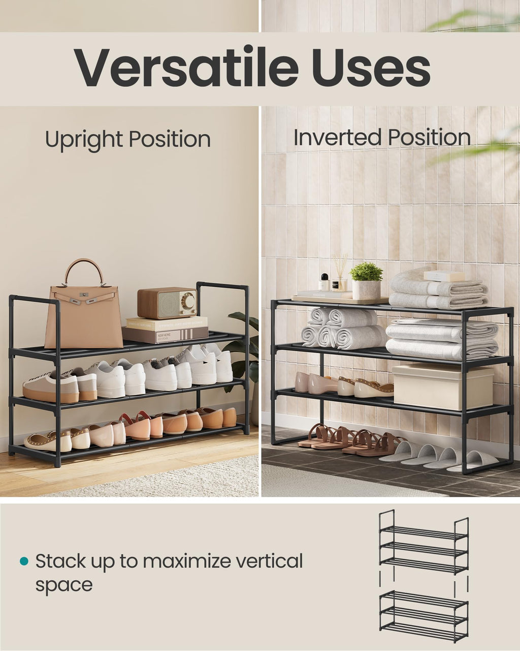 SONGMICS Shoe Rack, 3-Tier Shoe Organizer, Metal Storage Shelf | for Entryway, Upright or Upside Down, for 16-20 Pairs, Stackable, 11.8 x 36.2 x 21.7 Inches, Black ULSA303B02