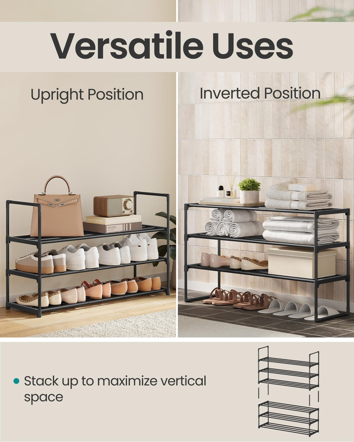 SONGMICS Shoe Rack, 3-Tier Shoe Organizer, Metal Storage Shelf | for Entryway, Upright or Upside Down, for 16-20 Pairs, Stackable, 11.8 x 36.2 x 21.7 Inches, Black ULSA303B02