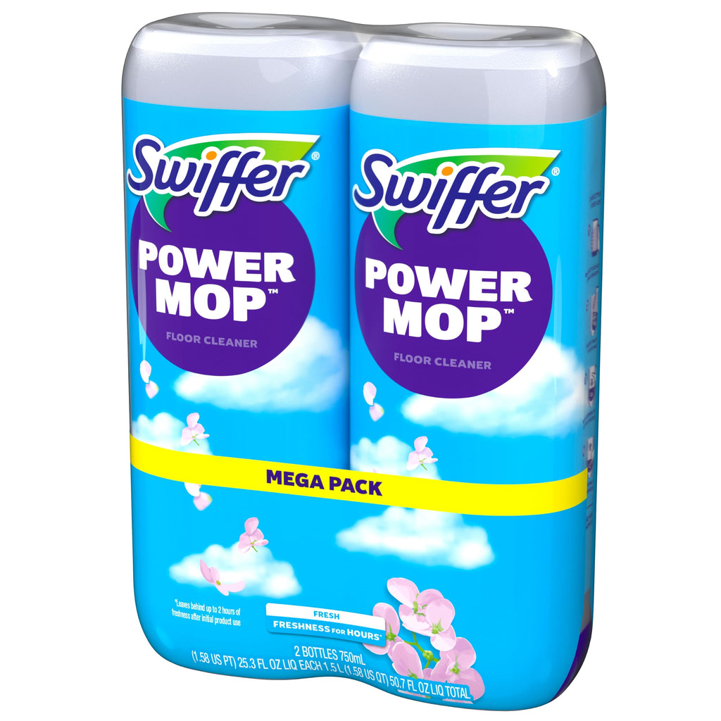 Swiffer PowerMop Liquid Floor Cleaner Refills, Solution for Power Mop, Fresh Scent, 2 Count Mopping Fluid Replacement Bottle, Spray Mops Cleaning Juice, No Bucket Needed, Multi-Surface and Wood
