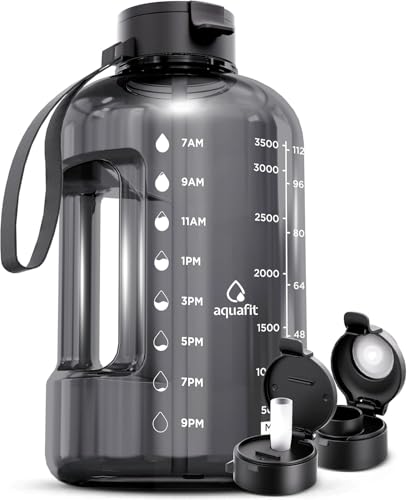 AQUAFIT 1 Gallon Water Bottle with Time Marker | BPA Free 128 oz Water Bottle with Straw and Chug Lids - Leakproof Gym Water Bottle with Carry Handle (Gray)