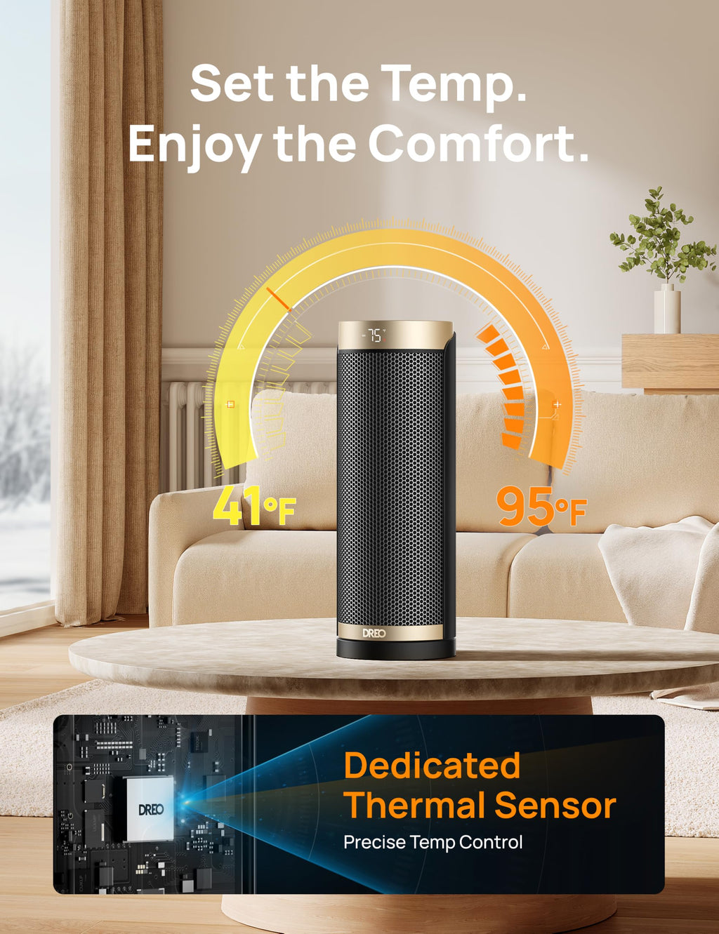 DREO Space Heaters for Indoor Use with Thermostat, 1500W Electric Heaters | Fast Heating, Quiet Operation, 70° Oscillation, Remote Control, 12H Timer, ECO Mode, ETL-Certified Safety Heat for Large Room