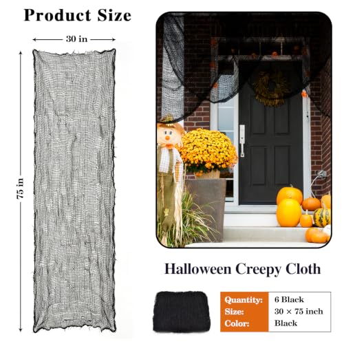 ZeeDix 6 Pack Black Halloween Creepy Cloth 30 × 75 Inch - Halloween Cheesecloth Decoration Spooky Scary Gauze Black Cheese Cloth for Party Supplies Outdoor Yard Home Wall Doorway
