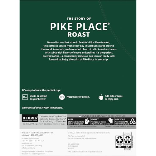 Starbucks K-Cup Coffee Pods, Medium Roast Hot or Iced Coffee, Pike Place Roast, 96 Keurig Pods ​
