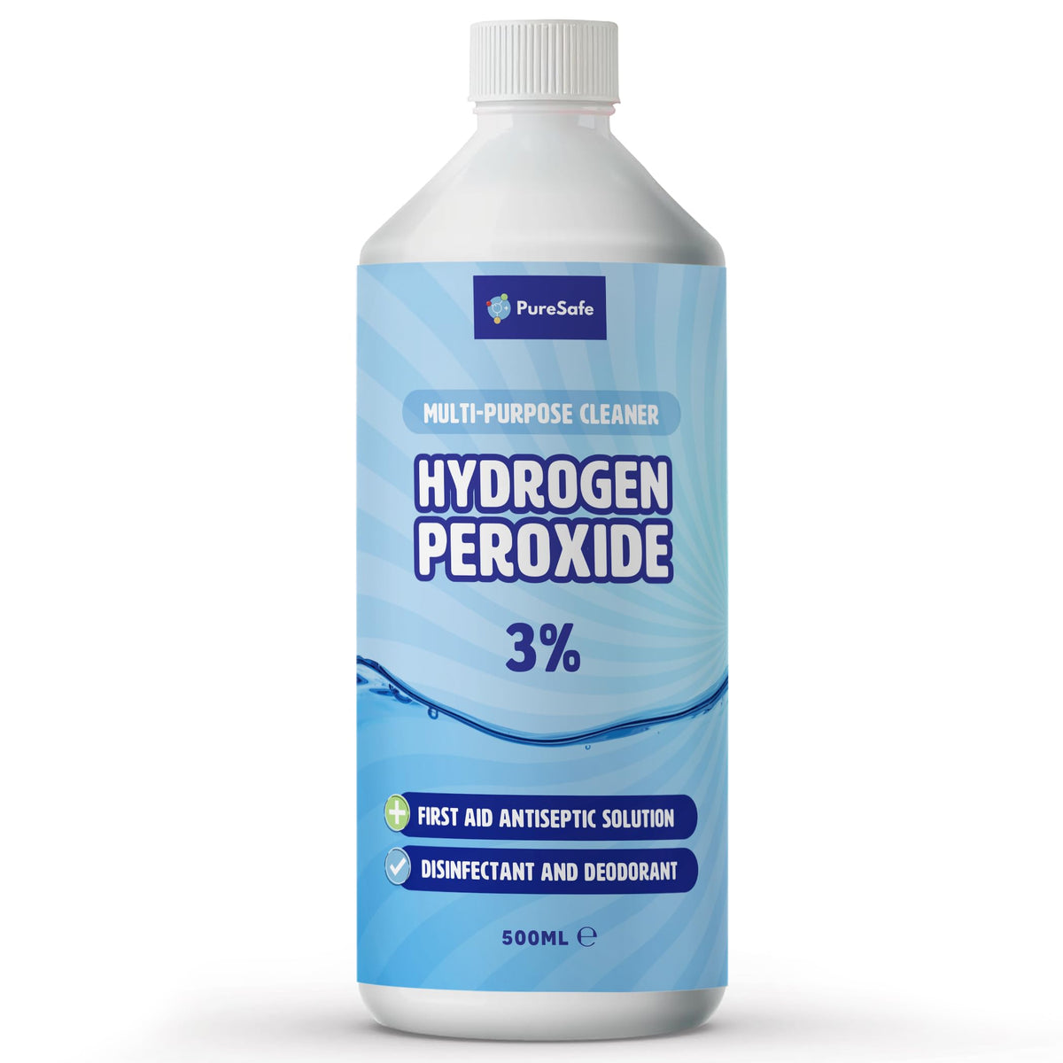 Pure Safe Hydrogen Peroxide 3% Solution 500ml – Multi-Purpose Household Cleaner, Surface Disinfectant, Mould and Mildew Remover, Stain Fighter, Grout Whitener, Kitchen and Bathroom Sanitiser