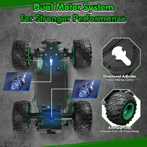 BIFYTON Remote Control Car, All-Terrain Rechargeable Rc Truck Boy Toys | Remote Control Truck with LED Light, 20KM/H, Sturdy PVC Shell, 2-Batteries, Toys for Boys 4-7 8-12 Beginner, Birthday Green