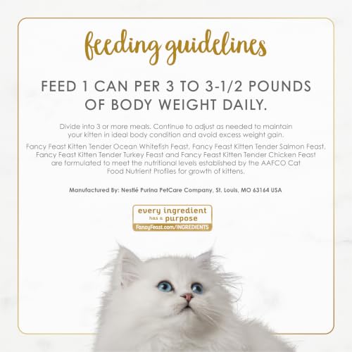 Purina Fancy Feast Wet Kitten Food Variety Pack, 3 oz cans, 24-Pack | Oceanfish, Turkey, Chicken or Salmon Recipes with no artificial colors or preservatives. 100 percent complete and balanced