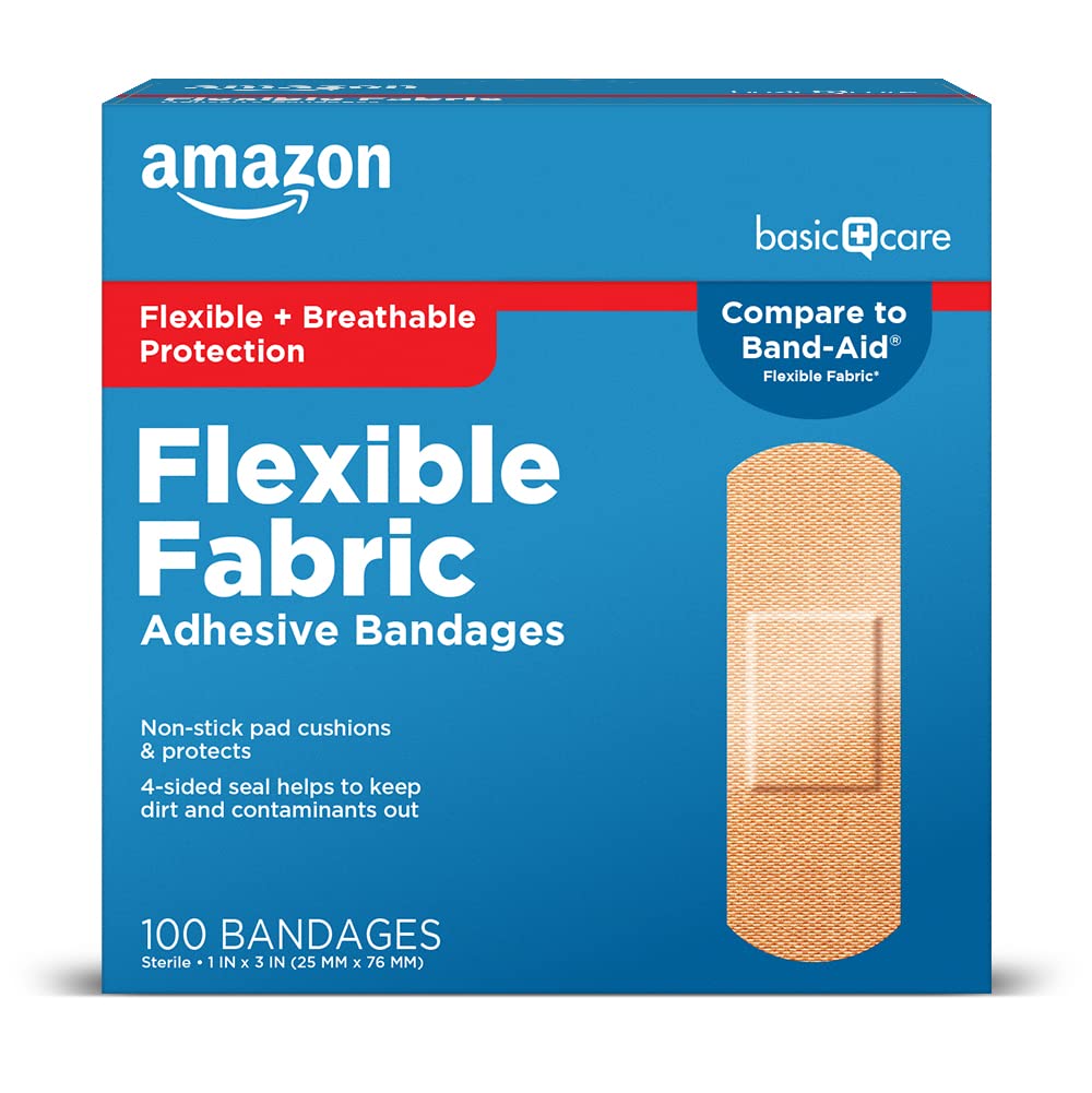 Amazon Basic Care Flexible Fabric Adhesive Bandages, First Aid for Wounds and Scrapes, Breathable with Non-Stick Pad, Latex Free, 100 Count