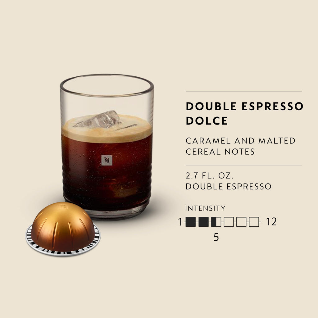 Nespresso Vertuo, Double Espresso Dolce, Mild Roast, 30-Count Espresso Pods | Mild-Roast Coffee Capsules, Malted cereal and subtle fruit notes