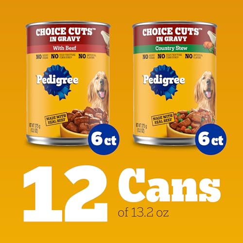 Pedigree Choice Cuts Wet Dog Food, Beef & Country Stew, 13.2 oz, 12 Count | Beef & Country Stew flavors, 100% complete & balanced, 50%+ water for hydration, made with real beef, choice cuts in gravy