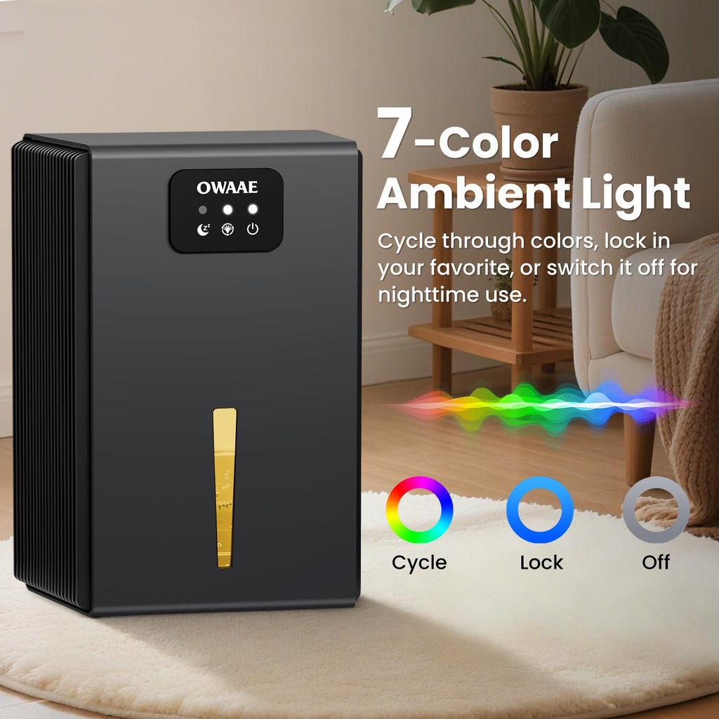 OWAAE Dehumidifier for Home with Auto Shutoff Sleep Mode, 1000 Sq Ft | Quiet for Bedroom Basement Bathroom with Portable 95oz Water Tank, Auto Shutoff, 7-color LED light, Grey