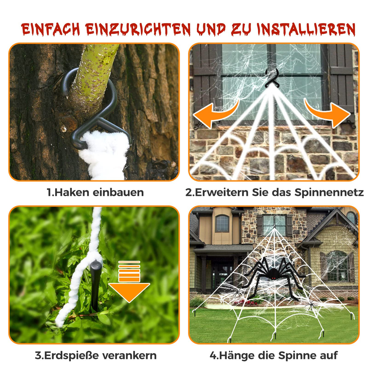 Halloween Decorations Outdoor Spider Webs:1Pcs Giant Spiders-Outdoor Use | 200'' Triangular Web with Hook-Stretch Web and Ground Stakes for Large Halloween Decor and Haunted House Decoration(4.1FT)