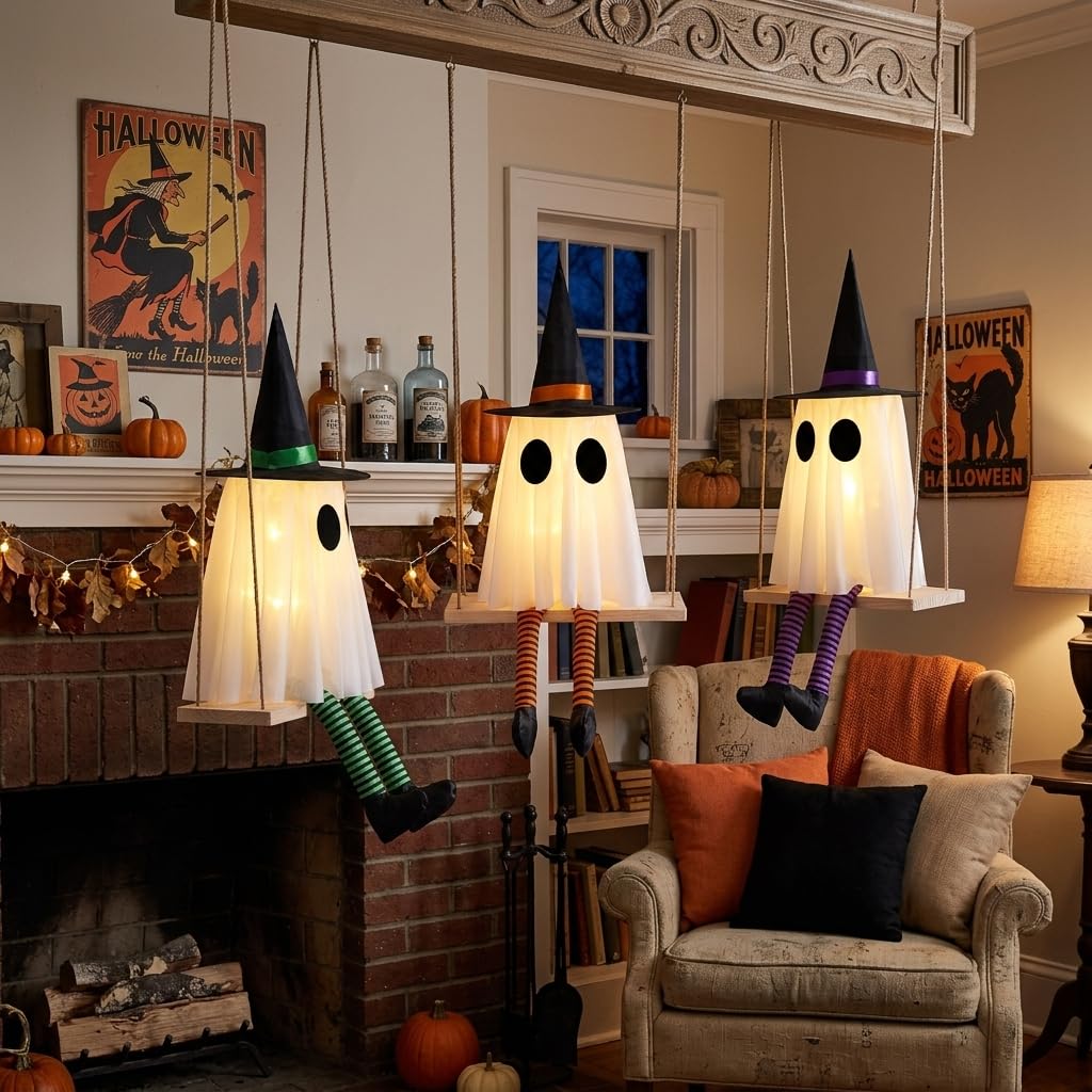 Halloween Swinging Ghost Outdoor Decor, Spooky Hanging Ghosts Decorations | Set of 3, Timer Function, Remote Control, Unique Ghost & Witch Fusion Design, Solid Wood, 29.5Inches Height
