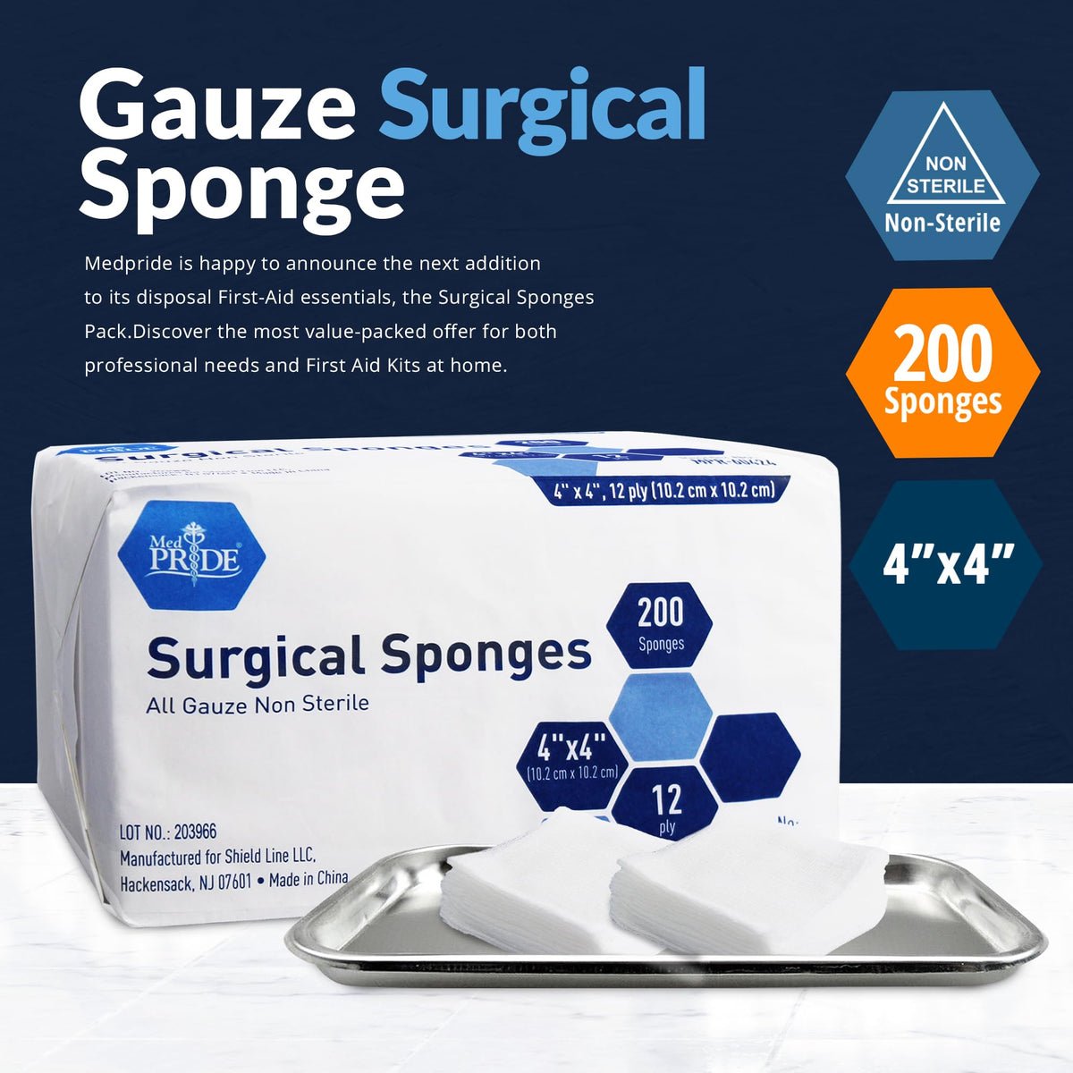 MED PRIDE Surgical Gauze Sponges,4 x 4 in,Non-Sterile,200-Count Pack (4x4 12 Ply)