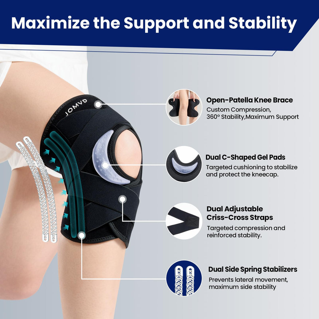 JOMVD Knee Brace for Knee Pain, Meniscus Tear, Adjustable Knee Support with Side Spring Stabilizers for Meniscus Tear, ACL, Arthritis, Knee Pain Relief, Women and Men, Large,Black