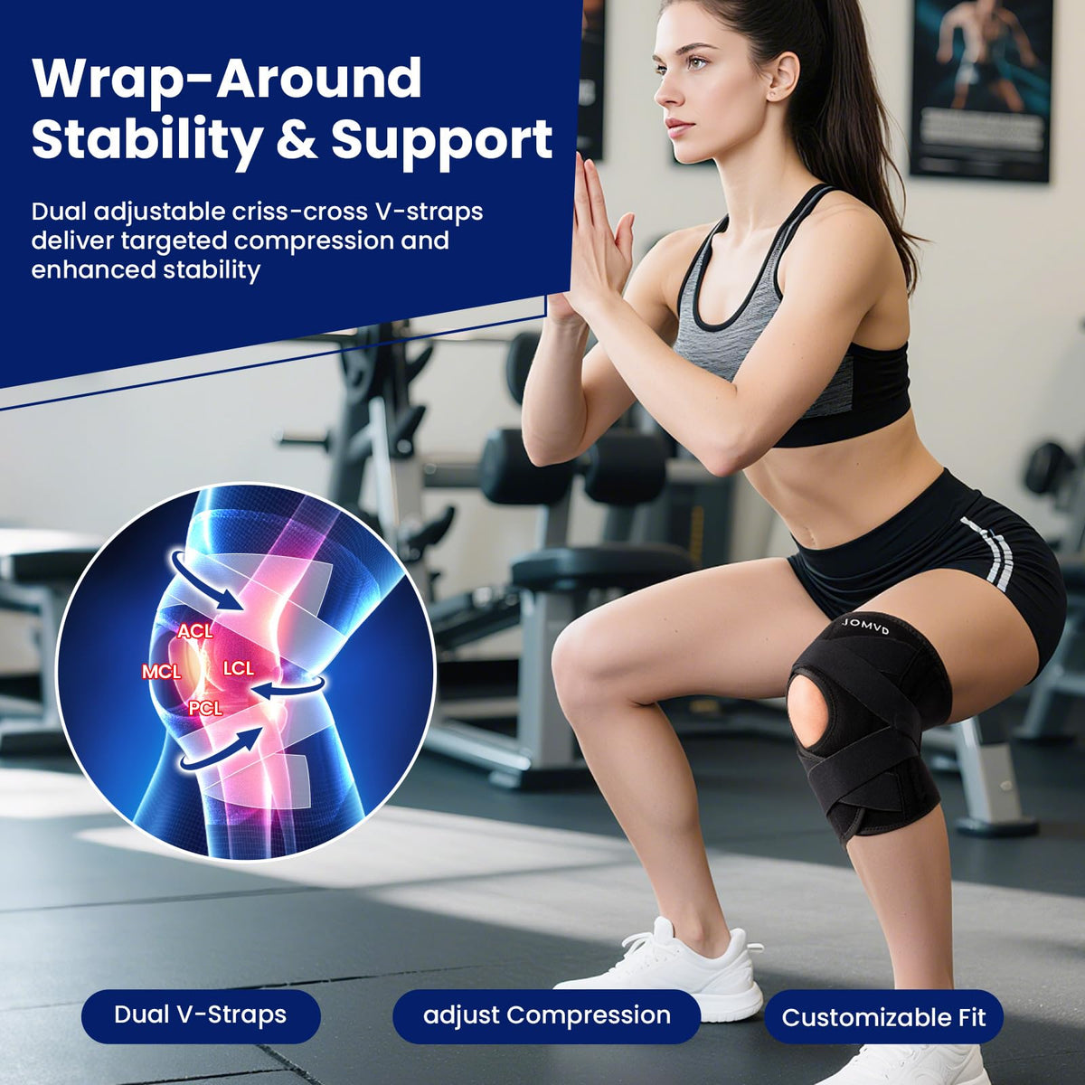 JOMVD Knee Brace for Knee Pain, Meniscus Tear, Adjustable Knee Support with Side Spring Stabilizers for Meniscus Tear, ACL, Arthritis, Knee Pain Relief, Women and Men, Large,Black